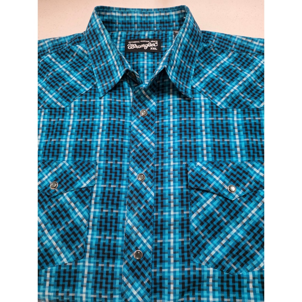 Wrangler Mens Blue Black Plaid Pearl Snap Western Shirt Short Sleeve XXL